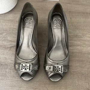Tory Burch silver grey leather wedge heel